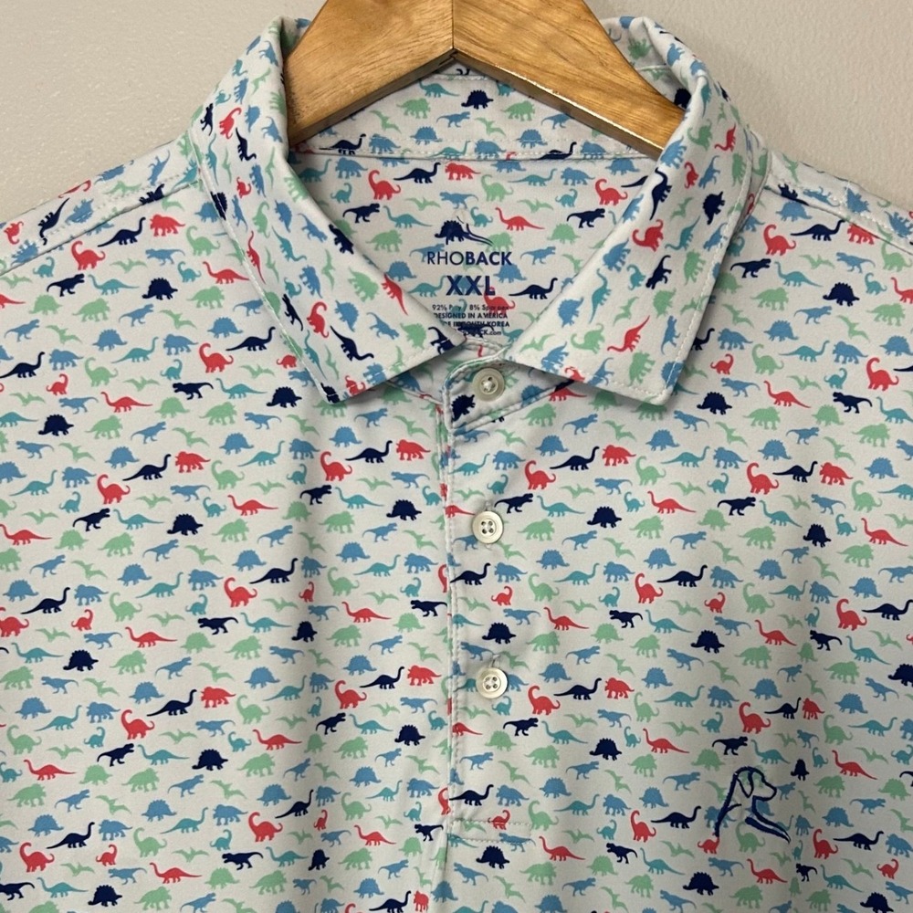 Rhoback Polo Shirt Men XXL White Dinosaur Print Performance Short Sleeve Golf